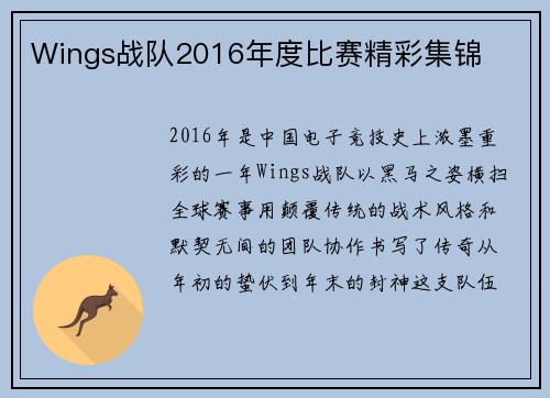 Wings战队2016年度比赛精彩集锦
